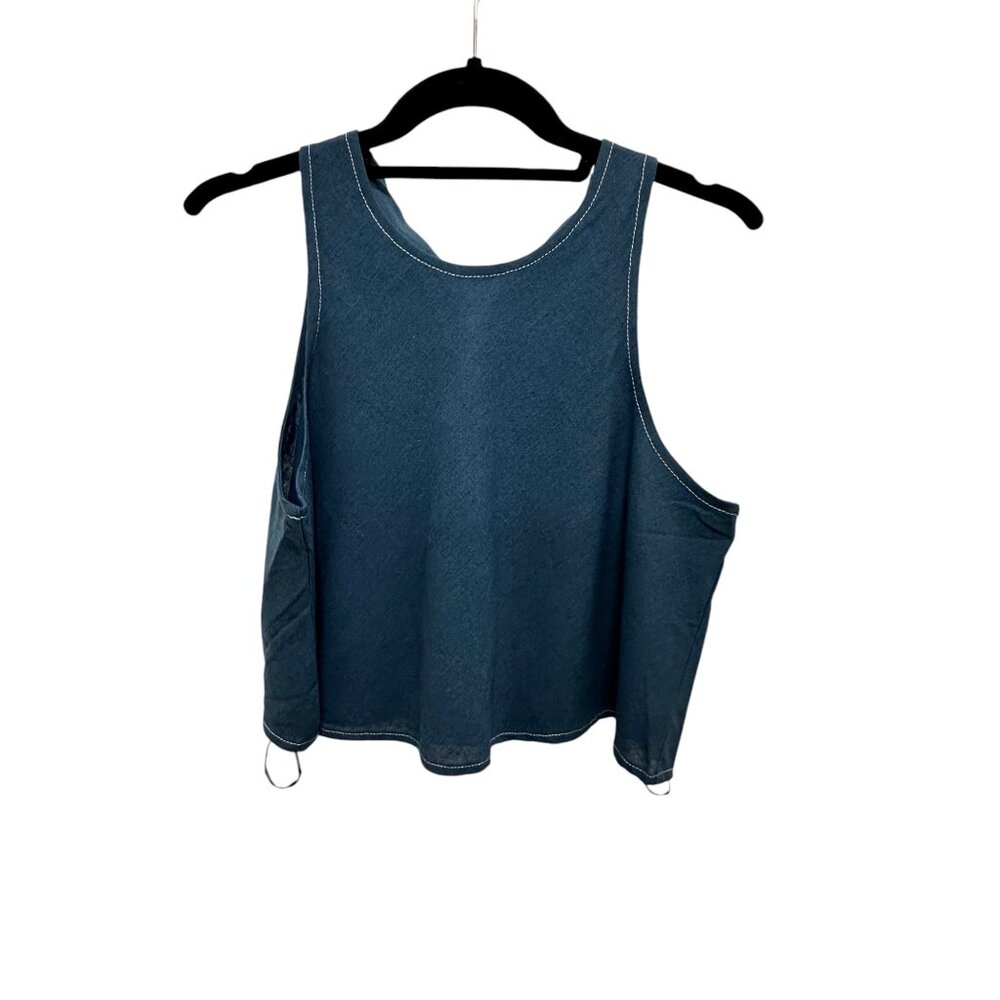New Cropped Turquoise Cotton Tank with White Stitching and Button Back Closure S